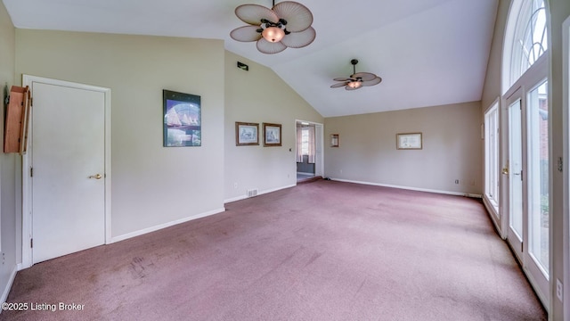 316 Short Rd, Louisville, KY 40207 - unfurnished living room featuring carpet flooring, ceiling fan, baseboards, and high vaulted ceiling