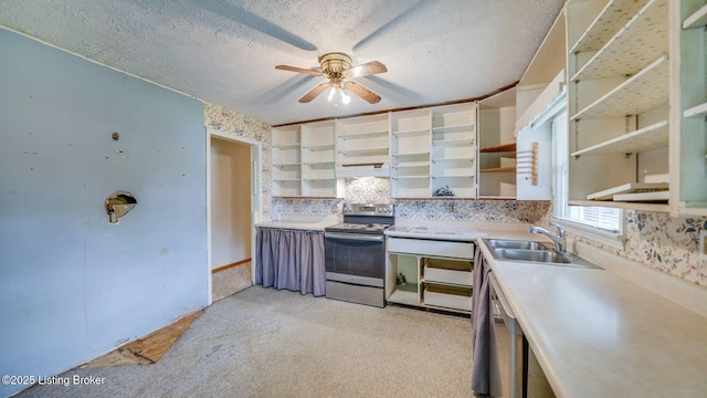 316 Short Rd, Louisville, KY 40207 - kitchen featuring stainless steel electric range oven, open shelves, a sink, ceiling fan, and a textured ceiling