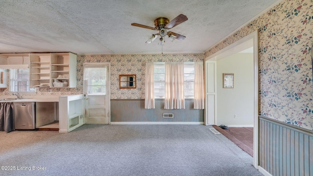 316 Short Rd, Louisville, KY 40207 - kitchen featuring wallpapered walls, dishwasher, ceiling fan, a textured ceiling, and light carpet