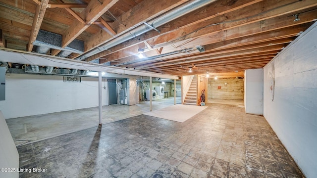 316 Short Rd, Louisville, KY 40207 - below grade area featuring heating unit, stairs, washer / dryer, and electric panel