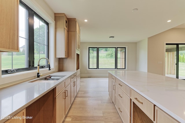 6609 Clore Lake Rd, Crestwood, KY 40014 - kitchen featuring healthy amount of natural light, light wood-style flooring, recessed lighting, light stone countertops, and glass insert cabinets