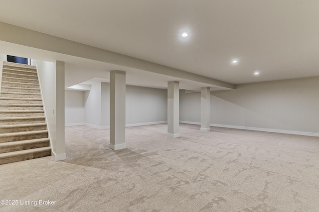 6609 Clore Lake Rd, Crestwood, KY 40014 - finished basement featuring light colored carpet, recessed lighting, and stairway