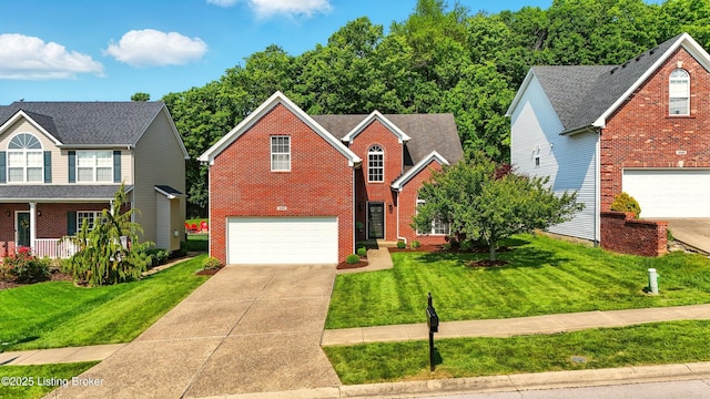 302 Arlington Meadows Dr, Fisherville, KY 40023 - traditional-style house with brick siding, a garage, concrete driveway, and a front yard
