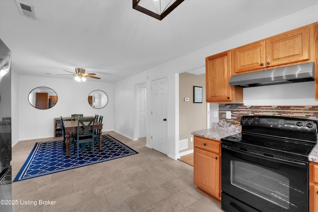 204 Greenleaf Dr, Elizabethtown, KY 42701 - kitchen featuring under cabinet range hood, black range with electric cooktop, baseboards, a ceiling fan, and decorative backsplash