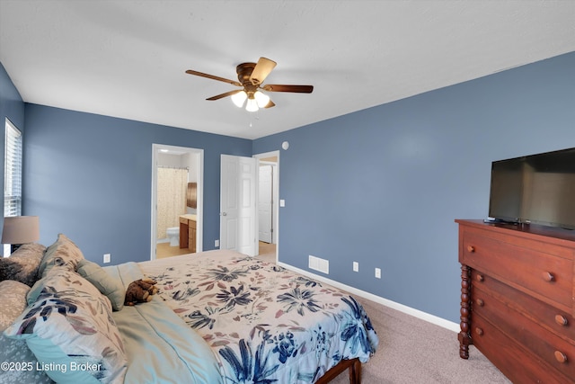 204 Greenleaf Dr, Elizabethtown, KY 42701 - bedroom with baseboards, carpet flooring, a ceiling fan, and ensuite bath