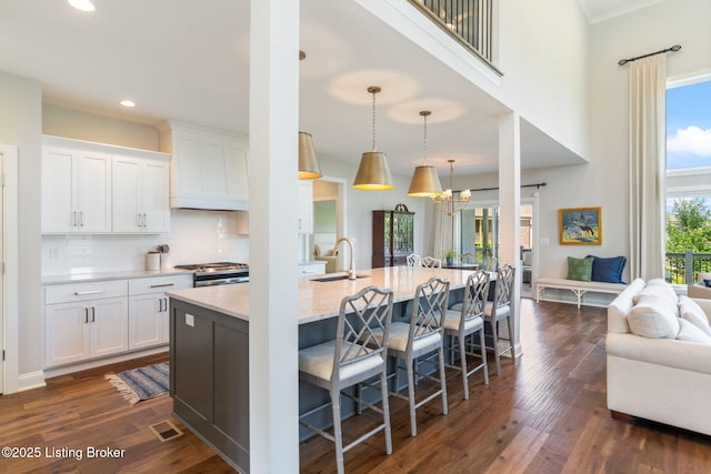 17716 Shakes Creek Dr, Fisherville, KY 40023 - kitchen featuring a kitchen breakfast bar, stainless steel range with gas cooktop, white cabinets, dark wood-type flooring, and a sink
