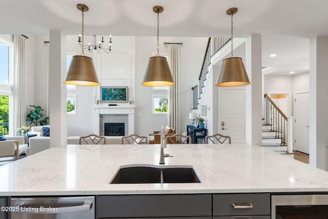 17716 Shakes Creek Dr, Fisherville, KY 40023 - kitchen featuring gray cabinetry, stainless steel dishwasher, a sink, wine cooler, and recessed lighting