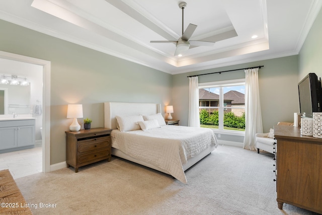 17716 Shakes Creek Dr, Fisherville, KY 40023 - bedroom with crown molding, a raised ceiling, light colored carpet, a sink, and connected bathroom