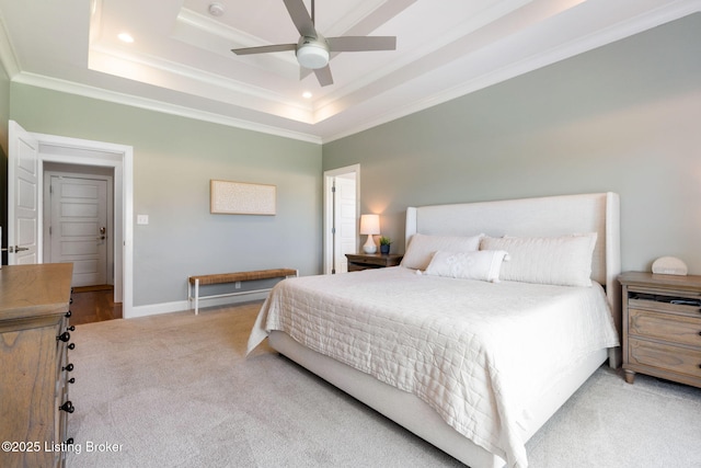 17716 Shakes Creek Dr, Fisherville, KY 40023 - carpeted bedroom with crown molding, a raised ceiling, recessed lighting, baseboards, and ceiling fan