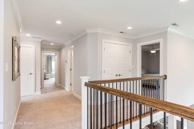 17716 Shakes Creek Dr, Fisherville, KY 40023 - hall with an upstairs landing, baseboards, light carpet, recessed lighting, and ornamental molding