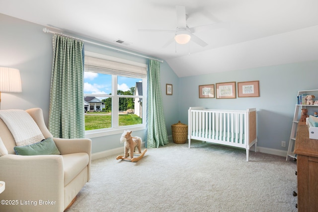 17716 Shakes Creek Dr, Fisherville, KY 40023 - carpeted bedroom featuring vaulted ceiling, baseboards, a nursery area, and ceiling fan