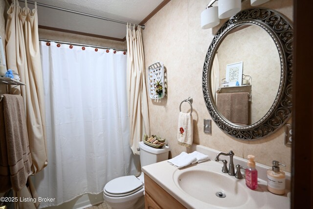 1025 Lake Rd, Campbellsburg, KY 40011 - bathroom featuring toilet, vanity, shower / bathtub combination with curtain, ornamental molding, and wallpapered walls