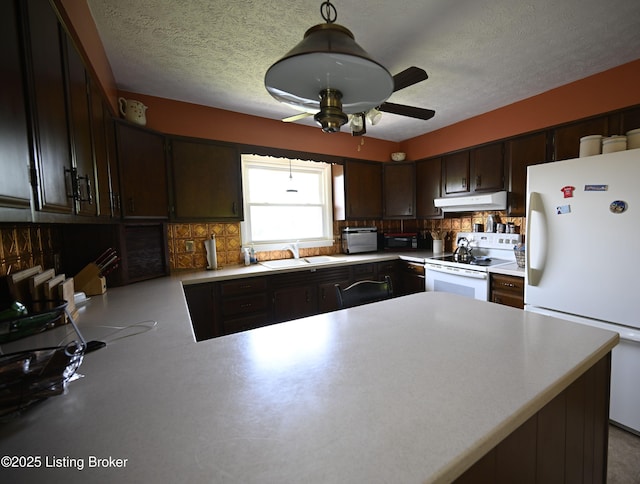 1025 Lake Rd, Campbellsburg, KY 40011 - kitchen featuring white appliances, under cabinet range hood, tasteful backsplash, dark brown cabinets, and ceiling fan