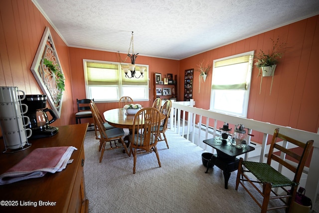 1025 Lake Rd, Campbellsburg, KY 40011 - carpeted dining area with ornamental molding, a chandelier, a textured ceiling, and wooden walls