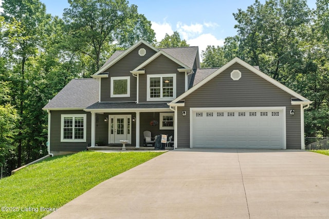 162 Penny Royal Ln, Brandenburg, KY 40108 - view of front of property featuring concrete driveway, covered porch, a garage, a front yard, and a shingled roof