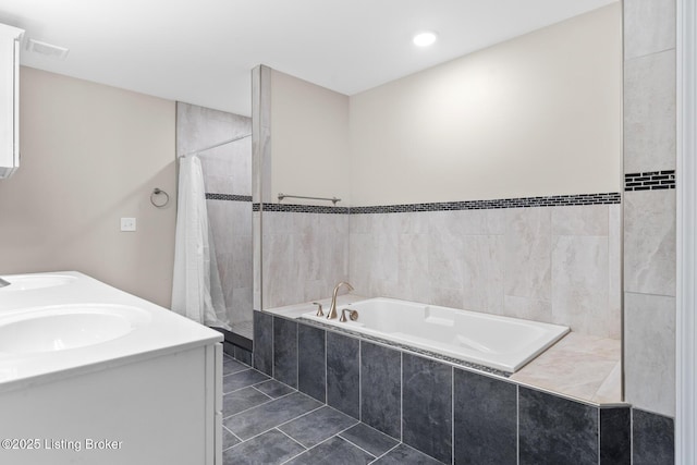 162 Penny Royal Ln, Brandenburg, KY 40108 - bathroom with a garden tub, a tile shower, tile patterned flooring, and double vanity