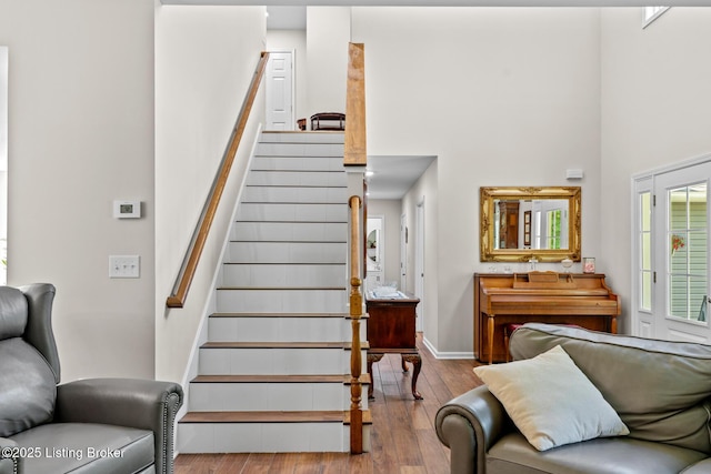162 Penny Royal Ln, Brandenburg, KY 40108 - stairway with a towering ceiling, hardwood / wood-style flooring, and baseboards
