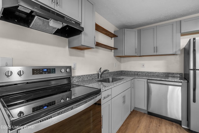 4725 Kiefer Rd, Louisville, KY 40216 - kitchen with appliances with stainless steel finishes, ventilation hood, a sink, open shelves, and gray cabinetry