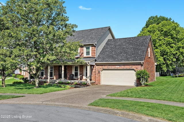 6400 Cedar Branch Ct, Louisville, KY 40291 - view of front of house featuring driveway, a trampoline, roof with shingles, a front lawn, and a porch