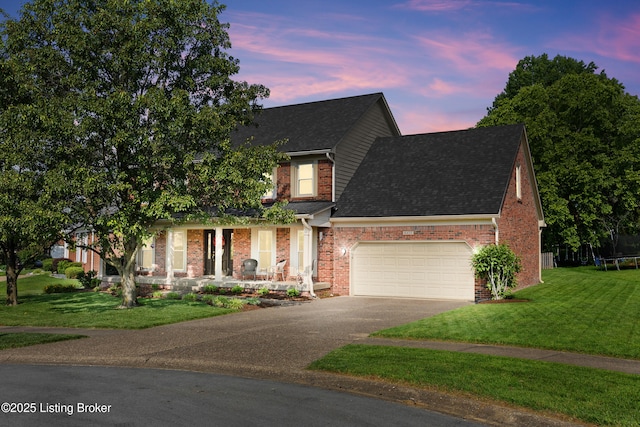 6400 Cedar Branch Ct, Louisville, KY 40291 - view of front facade with asphalt driveway, a garage, roof with shingles, a front lawn, and a trampoline