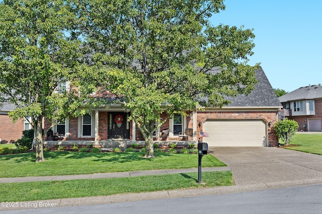 6400 Cedar Branch Ct, Louisville, KY 40291 - view of property hidden behind natural elements with brick siding, driveway, a front yard, and a garage