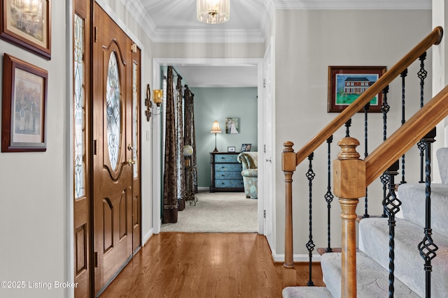 6400 Cedar Branch Ct, Louisville, KY 40291 - entryway with stairs, wood finished floors, and crown molding