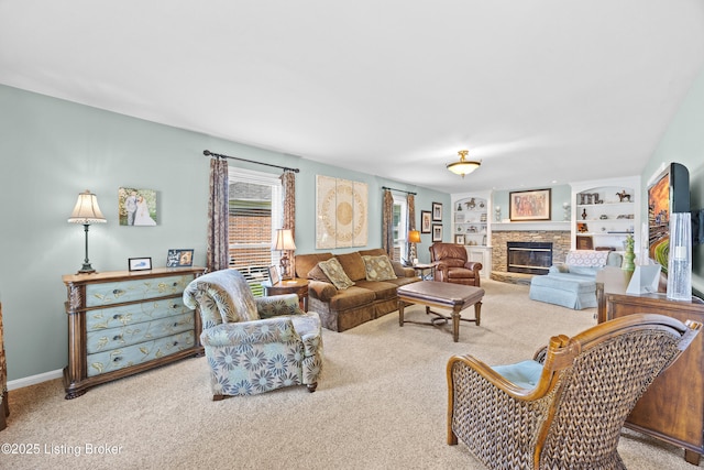 6400 Cedar Branch Ct, Louisville, KY 40291 - carpeted living room featuring a fireplace and built in features