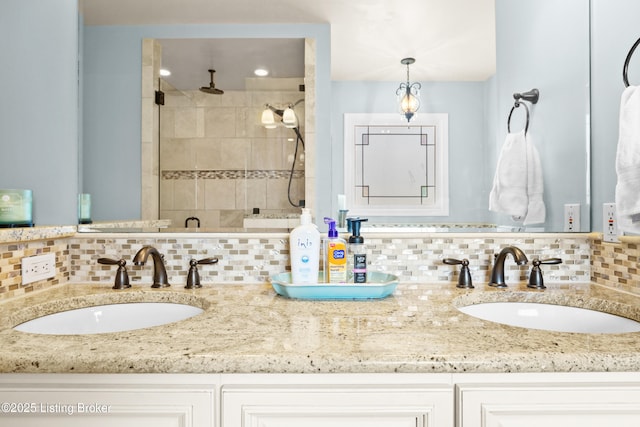 6400 Cedar Branch Ct, Louisville, KY 40291 - bathroom featuring decorative backsplash, double vanity, and tiled shower