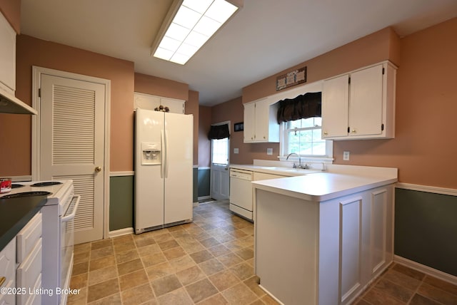 4913 D Lue Ct, Louisville, KY 40216 - kitchen featuring white appliances, white cabinetry, a peninsula, a sink, and baseboards