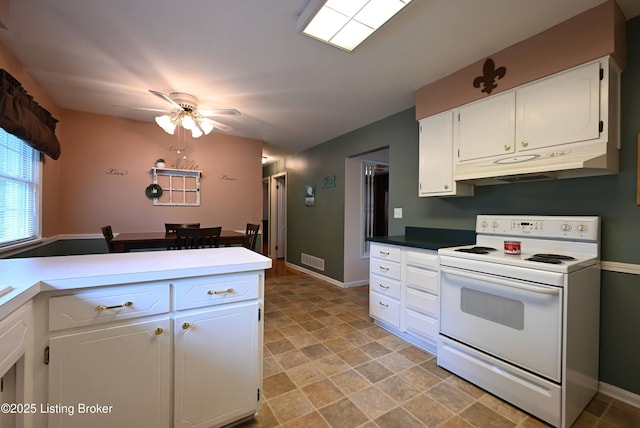4913 D Lue Ct, Louisville, KY 40216 - kitchen with electric stove, under cabinet range hood, white cabinetry, and ceiling fan