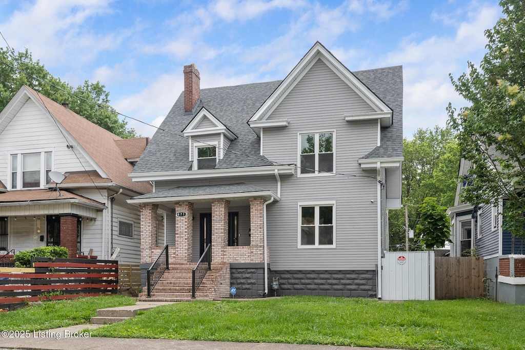 671 S 38th St, Louisville, KY 40211 - view of front of property with a shingled roof, a chimney, and covered porch
