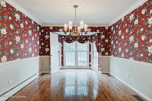 3325 Chenoweth Run Rd, Louisville, KY 40299 - unfurnished dining area with baseboard heating, a chandelier, hardwood / wood-style floors, a textured ceiling, and wallpapered walls