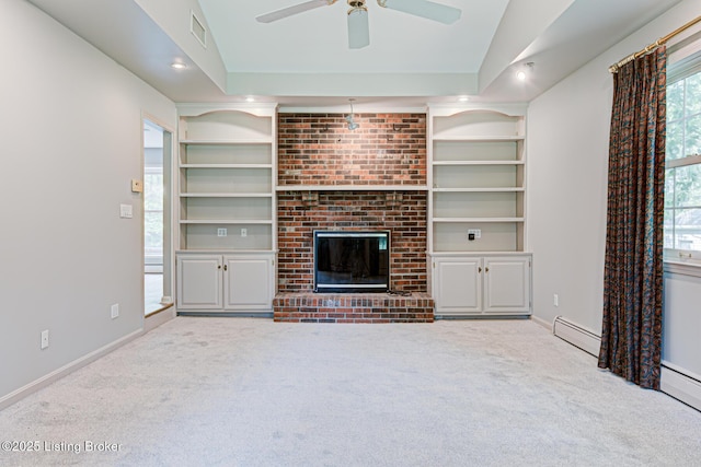3325 Chenoweth Run Rd, Louisville, KY 40299 - unfurnished living room featuring carpet, built in shelves, a ceiling fan, and baseboards