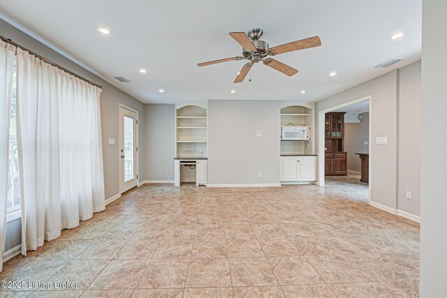 3325 Chenoweth Run Rd, Louisville, KY 40299 - unfurnished living room featuring recessed lighting, a ceiling fan, baseboards, and built in features