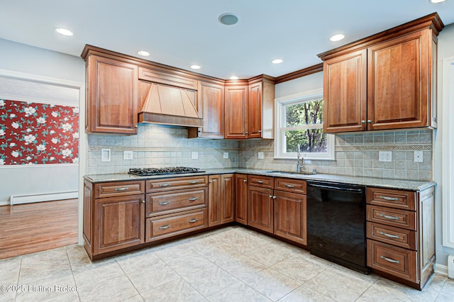 3325 Chenoweth Run Rd, Louisville, KY 40299 - kitchen with black dishwasher, custom range hood, baseboard heating, a sink, and light stone counters
