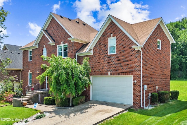 17411 Polo Run Ln, Louisville, KY 40245 - traditional home featuring brick siding, concrete driveway, an attached garage, and a front lawn