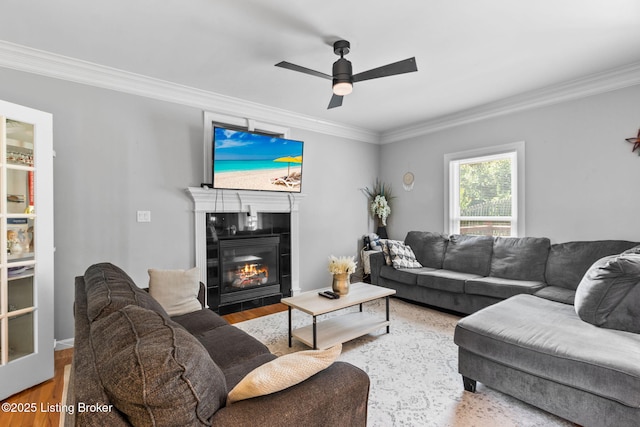 17411 Polo Run Ln, Louisville, KY 40245 - living area featuring crown molding, a tile fireplace, a ceiling fan, and wood finished floors