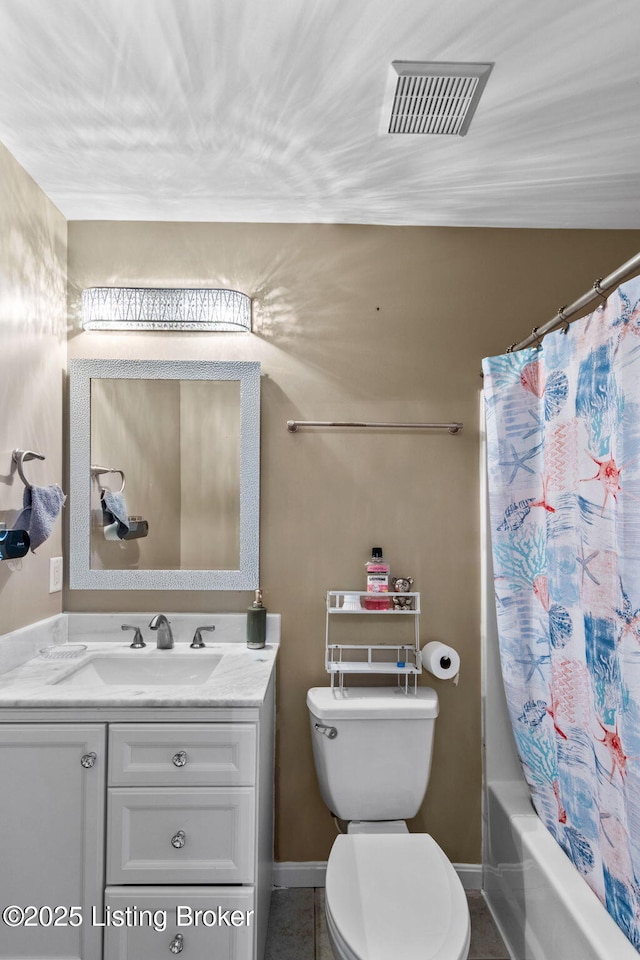 17411 Polo Run Ln, Louisville, KY 40245 - full bathroom featuring vanity, toilet, shower / bath combo, baseboards, and tile patterned floors