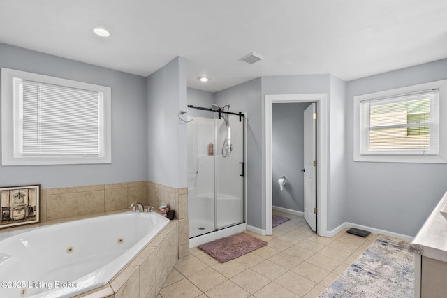 17411 Polo Run Ln, Louisville, KY 40245 - bathroom featuring a shower stall, a whirlpool tub, tile patterned floors, baseboards, and recessed lighting