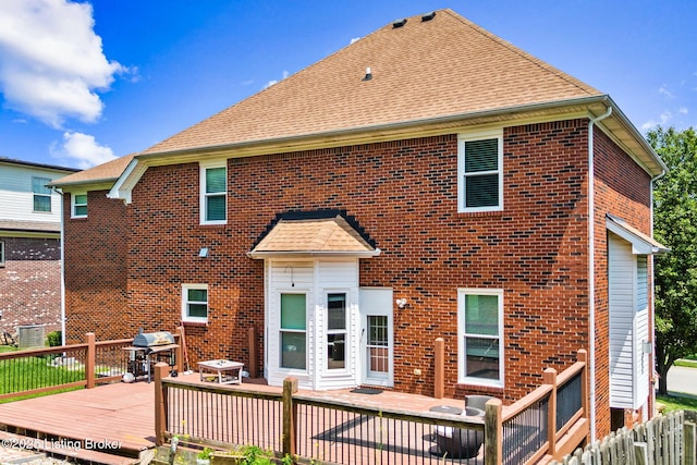 17411 Polo Run Ln, Louisville, KY 40245 - back of property with a wooden deck, brick siding, and a shingled roof