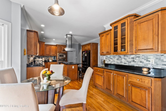 17411 Polo Run Ln, Louisville, KY 40245 - kitchen featuring stainless steel appliances, island range hood, ornamental molding, dark countertops, and light wood finished floors