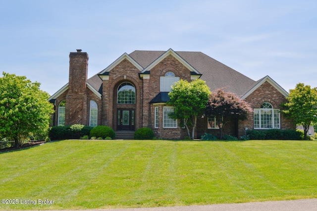 166 Castleton Dr, Bardstown, KY 40004 - view of front of home with a chimney, a front yard, and brick siding