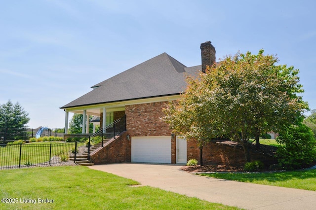 166 Castleton Dr, Bardstown, KY 40004 - view of front of property with stairway, brick siding, an attached garage, concrete driveway, and a chimney
