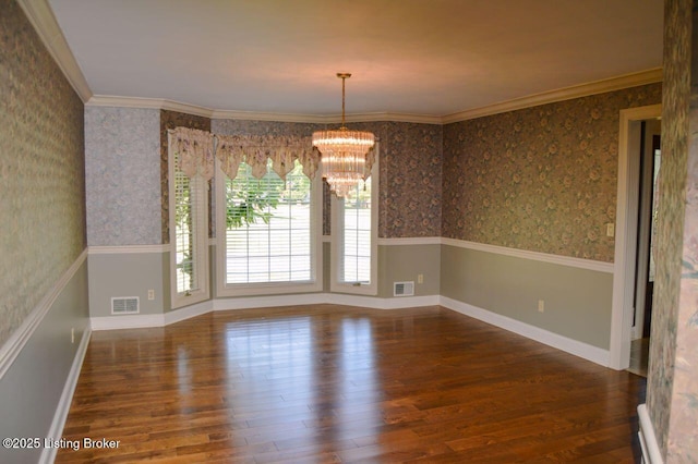 166 Castleton Dr, Bardstown, KY 40004 - unfurnished room with a chandelier, wood finished floors, wallpapered walls, ornamental molding, and baseboards