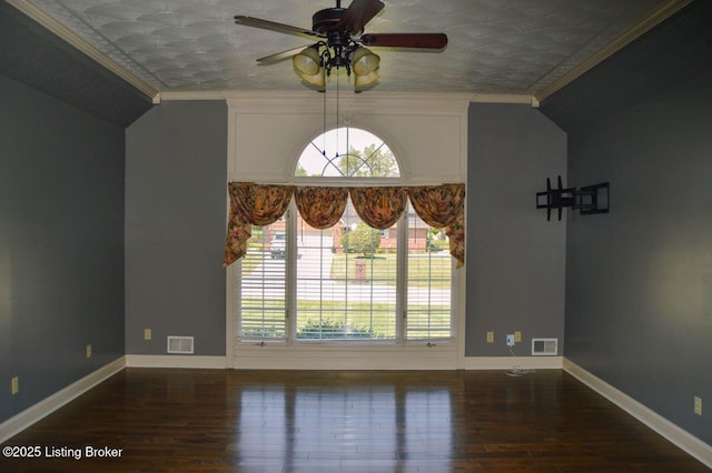166 Castleton Dr, Bardstown, KY 40004 - spare room with crown molding, wood finished floors, baseboards, ceiling fan, and an ornate ceiling