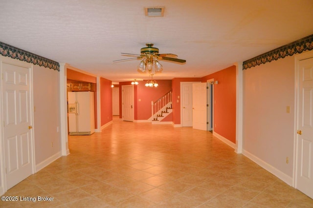 166 Castleton Dr, Bardstown, KY 40004 - spare room with a ceiling fan, stairs, baseboards, and light tile patterned flooring
