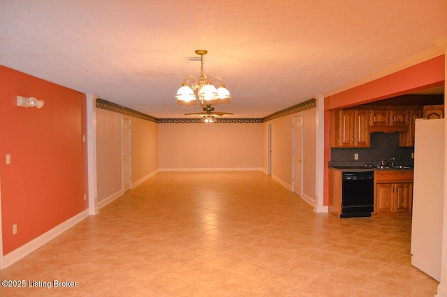 166 Castleton Dr, Bardstown, KY 40004 - kitchen with dishwasher, freestanding refrigerator, brown cabinetry, a chandelier, and decorative backsplash