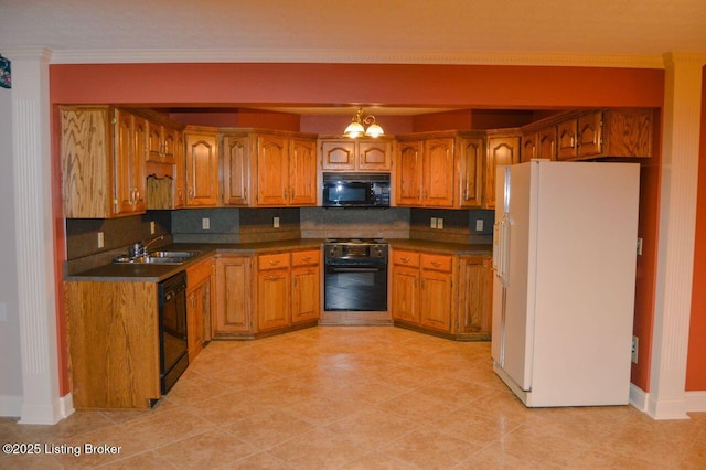 166 Castleton Dr, Bardstown, KY 40004 - kitchen featuring black appliances, brown cabinets, a sink, backsplash, and crown molding