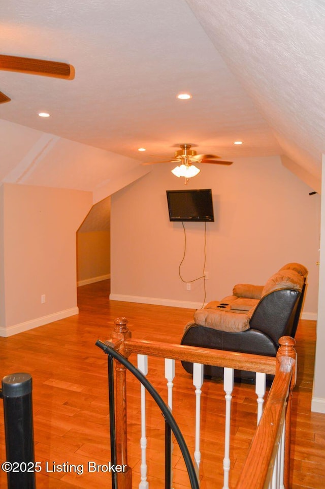 166 Castleton Dr, Bardstown, KY 40004 - staircase featuring vaulted ceiling, wood finished floors, a ceiling fan, baseboards, and recessed lighting