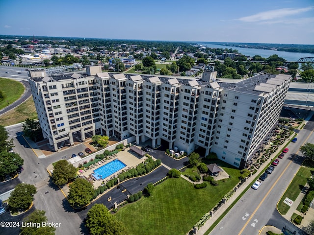 1 Riverpointe Plz Unit 1112, Jeffersonville, IN 47130 - bird's eye view of apartment complex, a pool, and a nearby body of water
